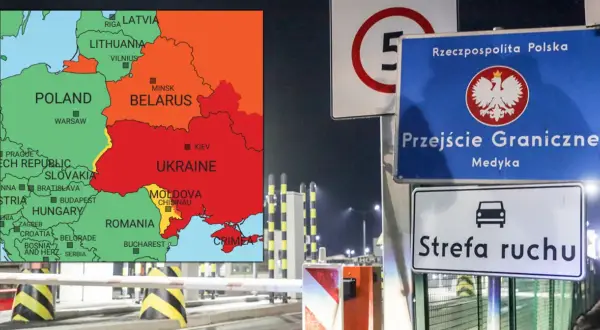 Mapa Europy Wschodniej obok znaku "Przejście Graniczne Medyka" i "Strefa ruchu". W tle widać przejście graniczne, które może być jednym z miejsc na liście najniebezpieczniejsze kraje świata.
