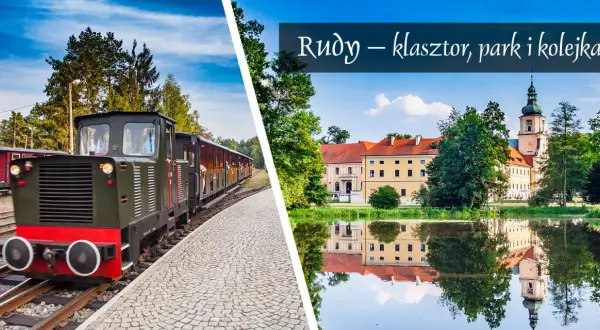 Kolejka wąskotorowa i malowniczy krajobraz z odbiciem w wodzie, ukazujące piękno opactwa cystersów w Rudach.