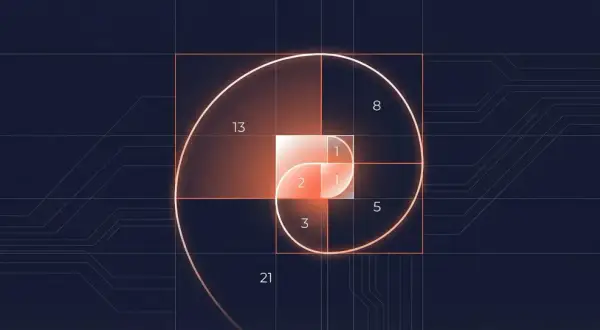 Spirale dorée illustrant la série de Fibonacci, avec des carrés de tailles 1, 1, 2, 3, 5, 8, 13, 21.