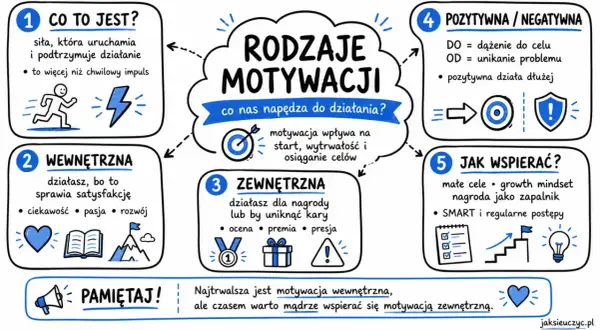 Rodzaje motywacji: wewnętrzna (pasja, rozwój) i zewnętrzna (nagroda, presja). Wewnętrzna jest trwalsza, ale zewnętrzna też wspiera.