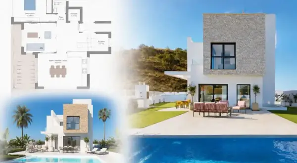 Plano y vistas de un moderno chalet con piscina, jardín y amplias zonas de estar.