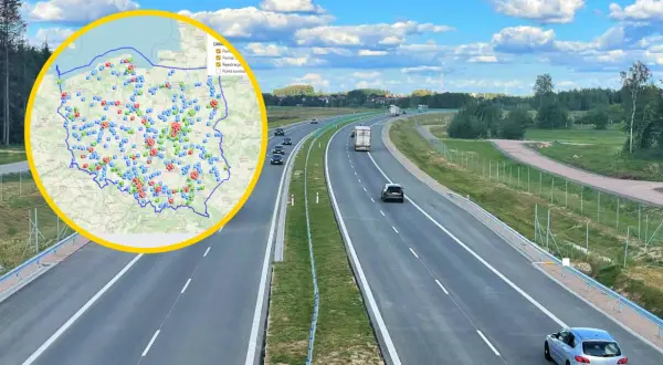 Mapa Polski z zaznaczonymi nowymi odcinkowymi pomiarami prędkości. Na drodze widać kilka samochodów.