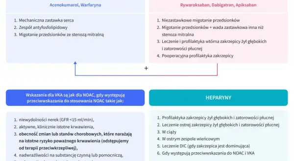 Schemat porównuje leki przeciwzakrzepowe: VKA (acenokumarol, warfaryna) i NOAC (rywaroksaban, dabigatran, apiksaban), wskazując ich zastosowania i przeciwwskazania. Heparyny również są uwzględnione.