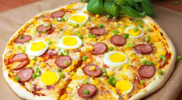 Apetyczna pizza z jajkiem, kiełbasą i kukurydzą, posypana szczypiorkiem. Idealna na szybki obiad.