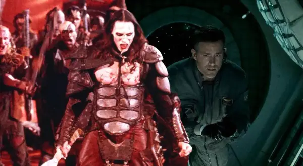 Potworna armia i przerażony astronauta w kosmicznym horrorze filmowym.