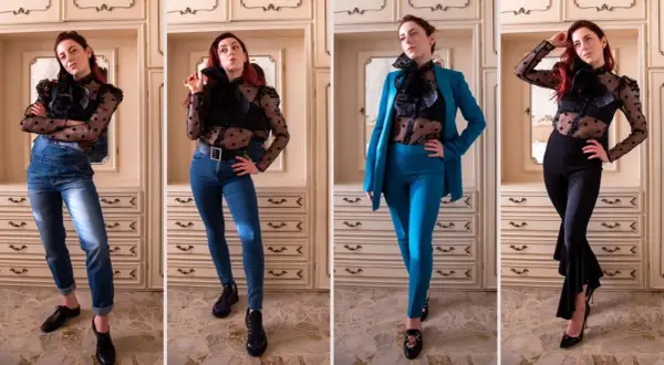 Modelli di outfit con camicia trasparente: jeans, tuta, tailleur e pantaloni a zampa. Idee su cosa mettere sotto una camicia trasparente.