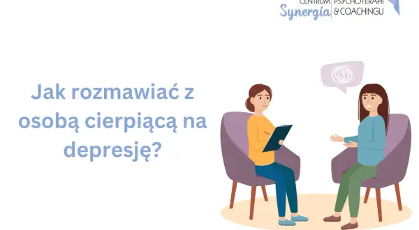 Rozmowa z osobą cierpiącą na depresję. Ilustracja pokazuje sesję terapeutyczną, gdzie omawiane są depresja objawy fizyczne i psychiczne.