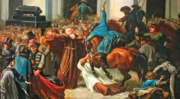 Obraz przedstawia zamieszki i starcia z żołnierzami, symbolizujące przyczyny powstania styczniowego. Widoczny jest tłum ludzi, duchowny i żołnierze na koniach.