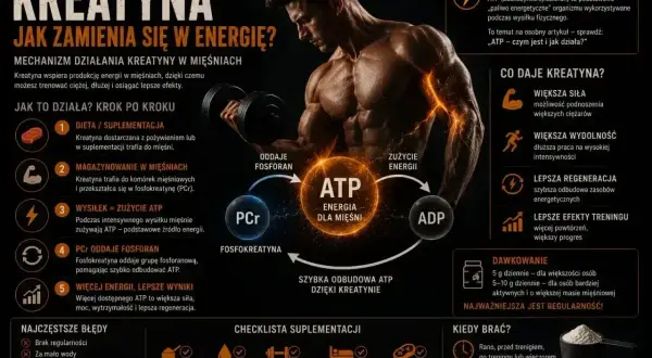 Kreatyna co daje? Większa siła, wydolność i lepsza regeneracja. Pomaga szybciej odbudować ATP, co przekłada się na lepsze efekty treningu.