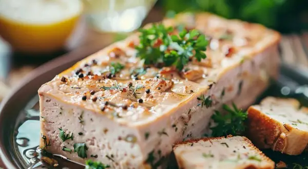 Une délicieuse terrine de saumon, une création d'un chef étoilé, garnie d'herbes fraîches et de poivre noir.