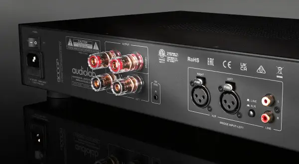 Tylna ścianka wzmacniacza mocy Audiolab 9000P z terminalami głośnikowymi, wejściami XLR i RCA.