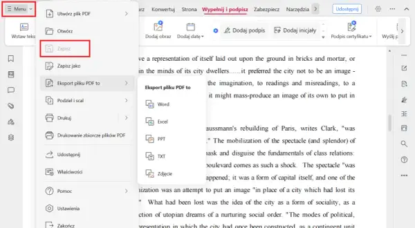 Menu "Zapisz" pozwala na edycję PDF. Wybierz opcję "Eksport pliku PDF to", aby przekonwertować dokument.