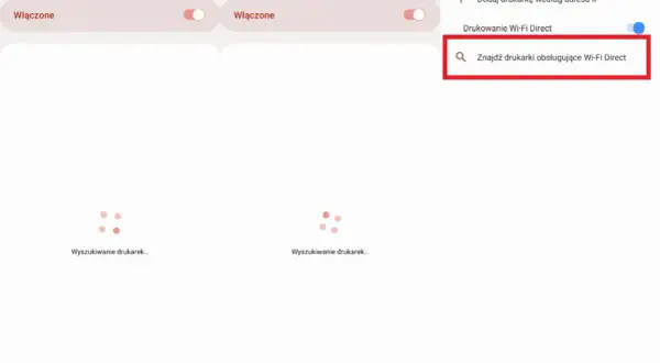 Jak połączyć drukarkę z telefonem? Ekran dodawania drukarki, opcja wyszukiwania drukarek z Wi-Fi Direct.