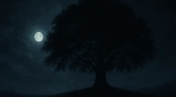 Nocny krajobraz z księżycem i drzewem. Melancholijny nastrój, jak w "The Hanging Tree" Jamesa Newtona Howarda.