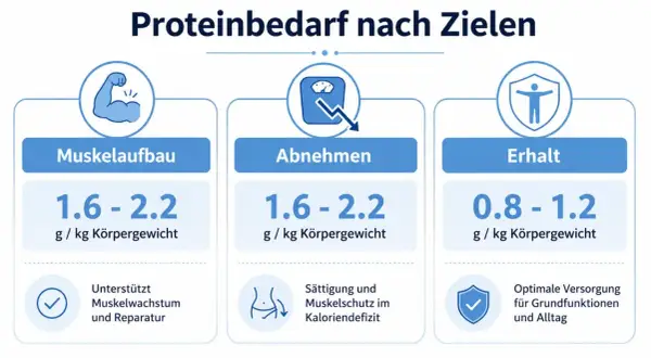 Jak obliczyć zapotrzebowanie na białko: budowa mięśni (1.6-2.2g/kg), odchudzanie (1.6-2.2g/kg), utrzymanie (0.8-1.2g/kg).