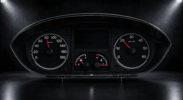 Instrumentpanel för V70 med hastighetsmätare, varvräknare, bränsle- och temperaturmätare. Antisladd service erfordras.