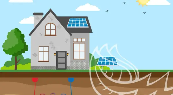 Casa con paneles solares y sistema de geotermia que es, aprovechando la energía del sol y la tierra para un hogar sostenible.