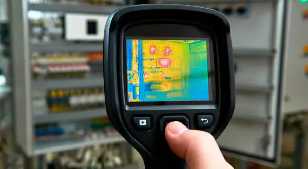 Ręka trzyma termowizyjny aparat, który pokazuje rozwarty panel elektryczny z gorącymi punktami.