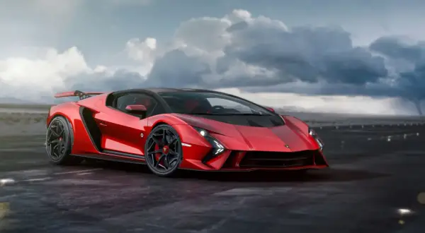 Czerwony Lamborghini Aventador na mokrej nawierzchni, z burzowymi chmurami i wirującym tornado w tle.