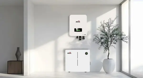 Nowoczesny falownik do fotowoltaiki 10kW i magazyn energii Afore w minimalistycznym wnętrzu.