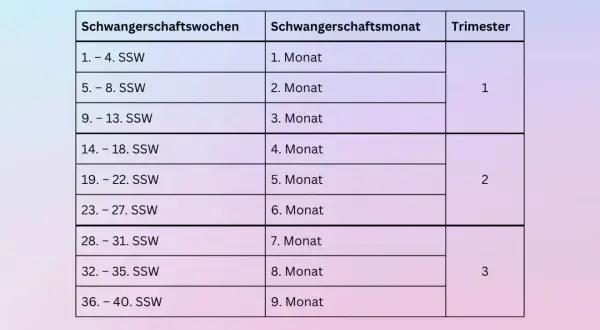 Tabelle zeigt Schwangerschaftswochen, welche SSW welcher Monat ist, und Trimester.