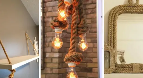 Estantería, lámpara y espejo decorados con cuerda. Ideas de manualidades con cuerda para un estilo rústico y acogedor.