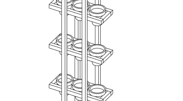 Ilustracja techniczna pionowego kwietnika z kilkoma półkami i doniczkami.
