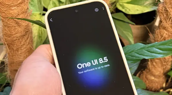 Telefon z One UI 8.5, informujący o aktualności oprogramowania, otoczony zielenią roślin.