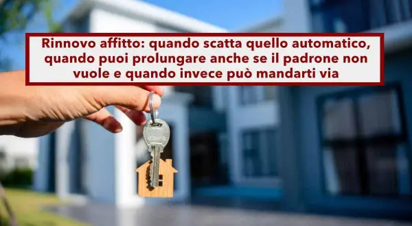 Chiavi di casa con ciondolo a forma di casetta, su sfondo sfocato di un'abitazione. Il testo parla di rinnovo affitto, anche per un contratto locazione 4 anni senza rinnovo.