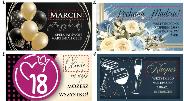 Cztery grafiki z okazji 18. urodzin: balony, kwiaty, cyfra 18 i kieliszki.