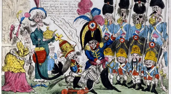 Le roi de Rome 1811, jeune prince sur un jouet, passe en revue des soldats caricaturaux. Une scène satirique de la cour impériale.