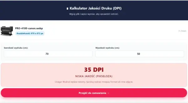 Kalkulator jakości druku pokazuje 35 DPI dla wydruku 70x50 cm, co oznacza niską jakość.