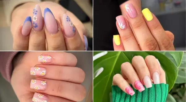 Kolekcja modnych paznokci na wiosnę: francuski manicure z kwiatami, żółte akcenty, stokrotki na różowym tle i neonowy wzór.