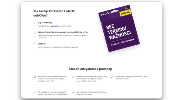 Karta Play z napisem "BEZ TERMINU WAŻNOŚCI" i informacją o pakietach. Oferta zapewnia bezterminowa ważność konta Play.