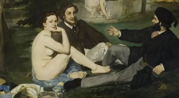A nude woman and two clothed men on grass, a scene that caused a luncheon on the grass controversy. A second woman bathes in the background.