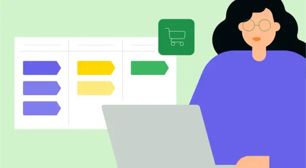 Mujer gestionando un ecommerce con un crm. Icono de carrito de compras y tablero visual.