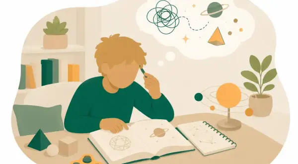 Pojke med tankar om rymden och geometri, kanske en illustration av adhd gradering. En fidget spinner ligger på bordet.