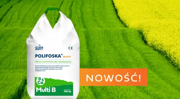Worek nawozu Polifoska Multi B na tle zielonych i żółtych pól. Nowość dla roślin!
