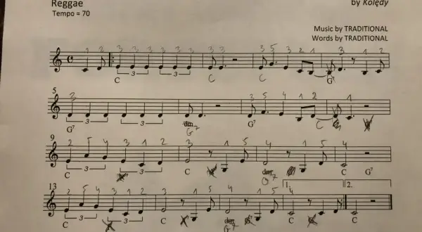 Mario, czy ty wiesz nuty? To zapis nutowy piosenki "Oj, Maluśki, Maluśki" w rytmie reggae.