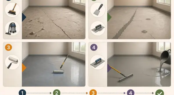 Étapes pour appliquer un ragréage liquide : nettoyage, réparation des fissures, application d'une sous-couche au rouleau, puis étalement du ragréage avec une raclette.