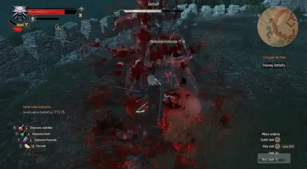 Geralt w ferworze walki z Dettlaffem zadaje potężne ciosy. Krew tryska, a potwór słabnie.