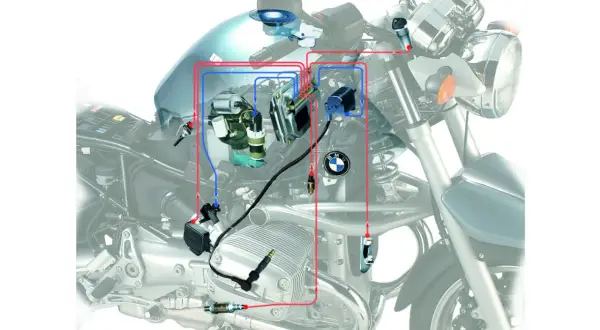 Schemat układu paliwowego motocykla BMW z zaznaczonymi elementami i przewodami.