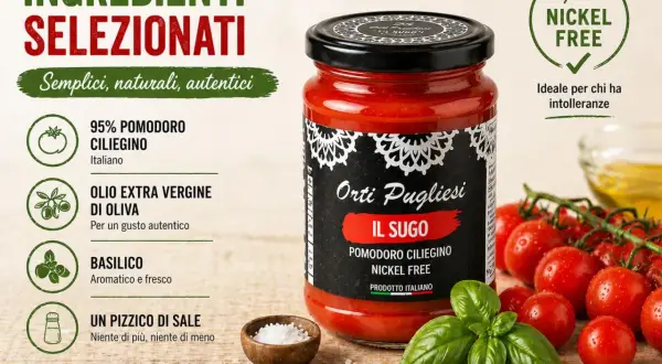 Vaso di sugo di pomodoro ciliegino, con ingredienti selezionati come olio EVO e basilico. Nickel free, ideale per intolleranti.