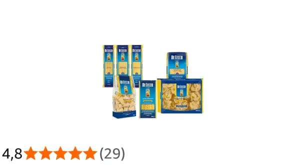 Verschiedene De Cecco Pasta-Sorten in Packungen und Beuteln.