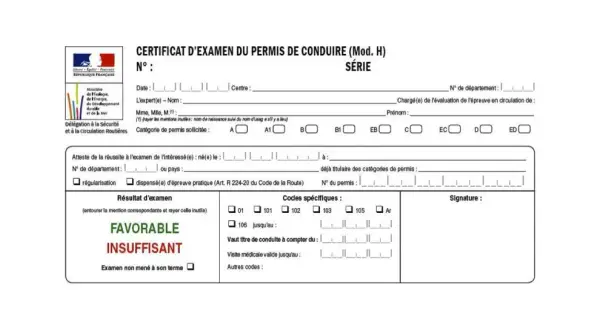 Certificat d'examen du permis de conduire, mention "INSUFFISANT" pour le résultat. Le délai permis de conduire après examen dépendra de la suite.