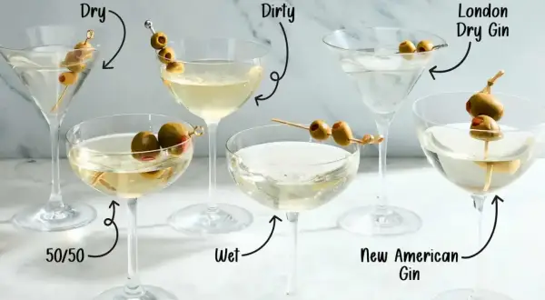 Różne rodzaje wódki z martini, od "Dry" po "Dirty", z oliwkami i etykietami wskazującymi na składniki.