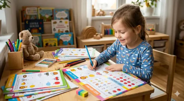 Uśmiechnięta dziewczynka rysuje kredką, otoczona materiałami do nauki. To świetna pomoc w przedszkolu, która rozwija kreatywność i umiejętności.