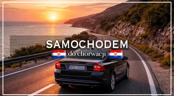 Samochodem do Chorwacji na wakacje własnym środkiem transportu. Słońce zachodzi nad Adriatykiem, droga prowadzi wzdłuż wybrzeża.