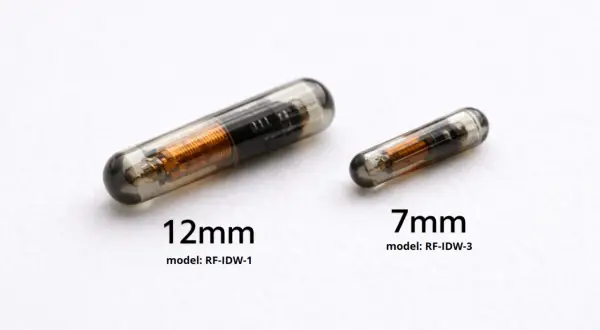 Dwa chipy dla psa: większy 12 mm i mniejszy 7 mm, oba w szklanej kapsułce z widocznym miedzianym uzwojeniem.