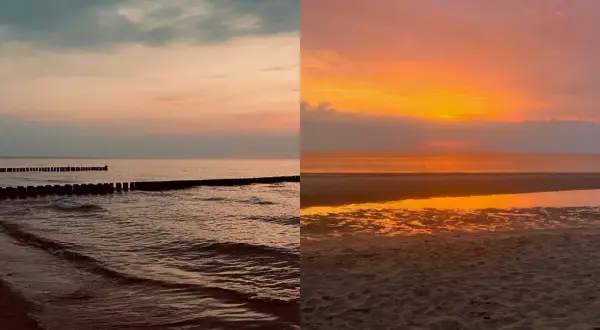 Zwei Hälften eines Sonnenuntergangs an den Nordseeinseln. Links sanfte Wellen und Buhnen, rechts glitzernder Sand und ein feuriger Himmel.